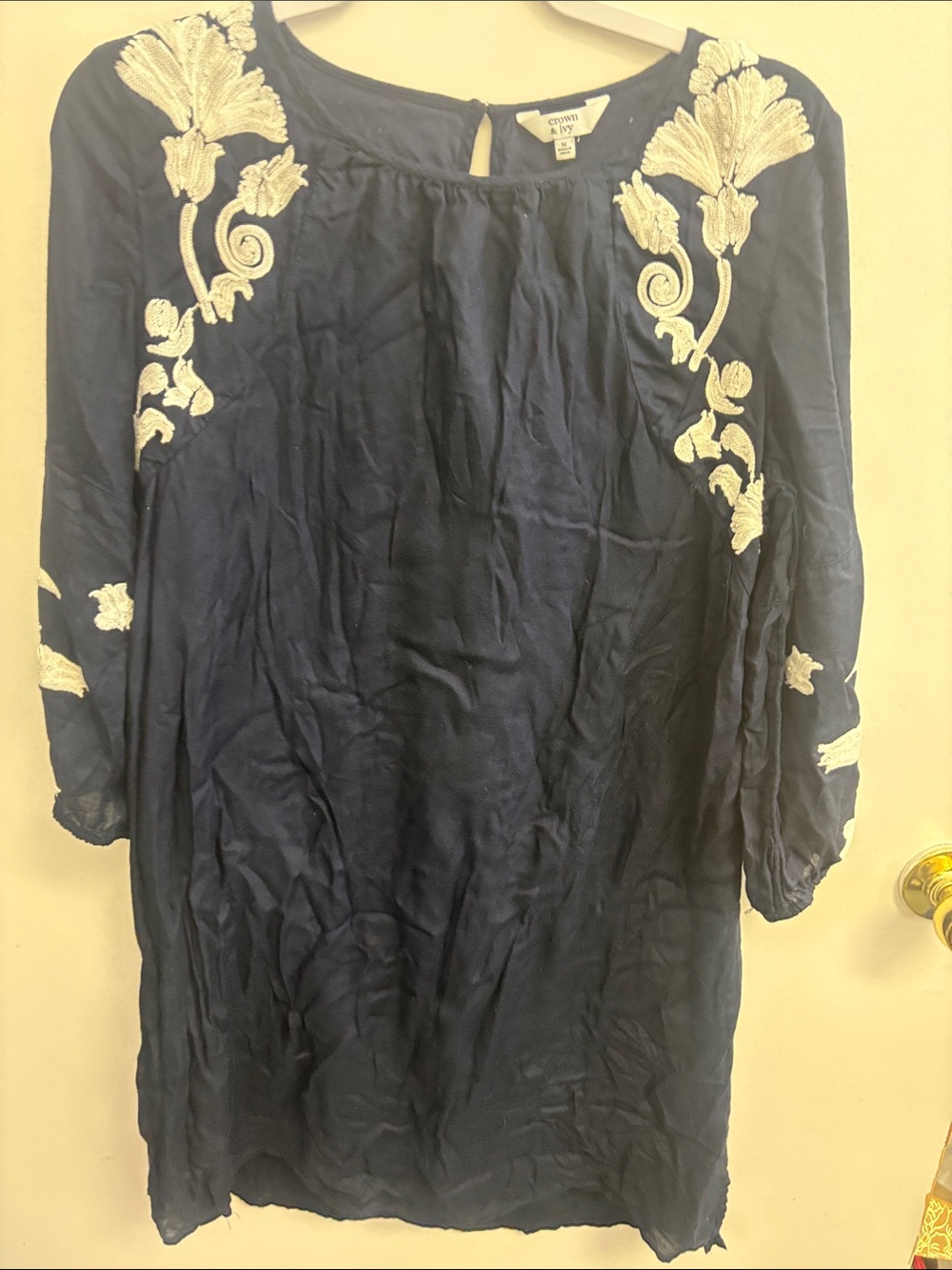 crown & ivy Navy Tunic with Cream Floral Embroidery